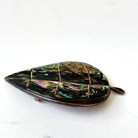 Vtg Sterling Silver Abalone Brooch Leaf-Shaped Nature Sculptural Art 925 Signed - Picture 3 of 9